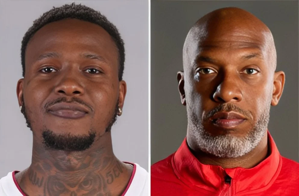Este combo desde muestra a Terry Rozier, jugador del Heat de Miami, a la izquierda, y al entrenador Chauncey Billupe de los Trail Blazers de Portland.
