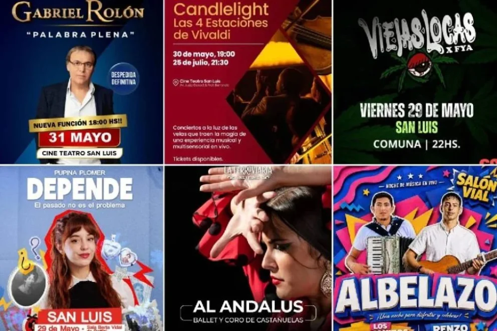 Mayo se despide de San Luis con una agenda de espectáculos que incluye a Gabriel Rolón, Viejas Locas, Candlelight y más
