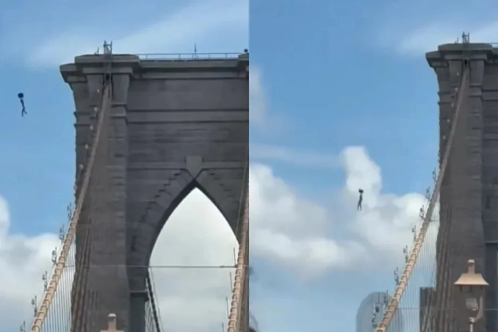 Un hombre desnudo saltó desde el puente de Brooklyn de 85 metros con una mochila como paracaídas
